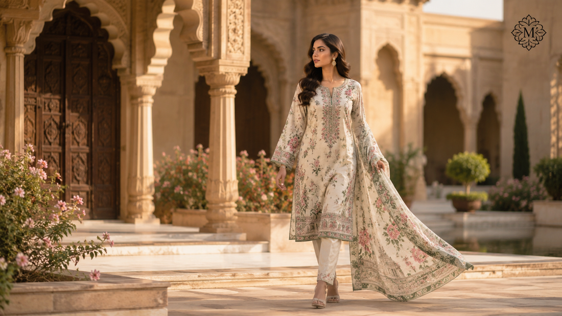 Pakistani woman wearing a premium Mirasl 3 Piece Stitched Lawn Suit in a heritage courtyard representing the history and evolution of lawn fabric in Pakistan.