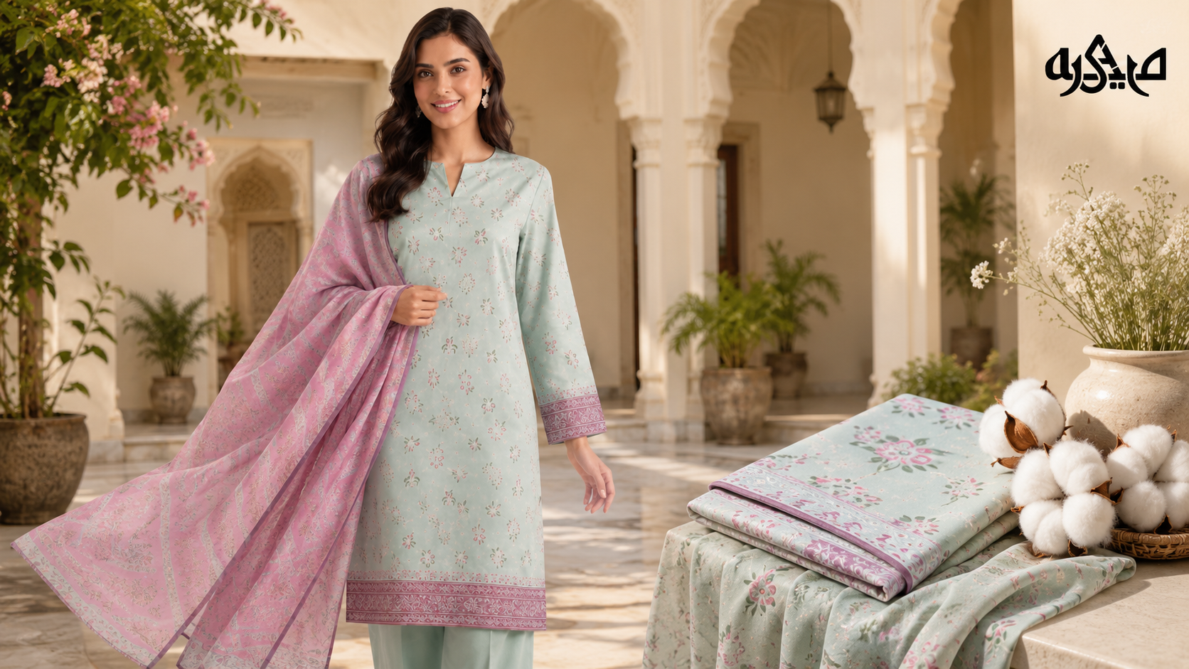 Pakistani woman wearing a high-quality 3 Piece Stitched Lawn Suit by Mirasl in a luxury heritage courtyard  Image Title