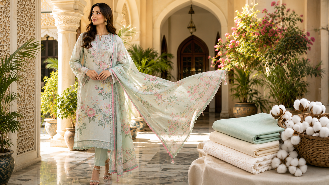 Pakistani woman wearing a premium 3 Piece Stitched Lawn Suit comparing lawn and cotton fabric for summer fashion by Mirasl.