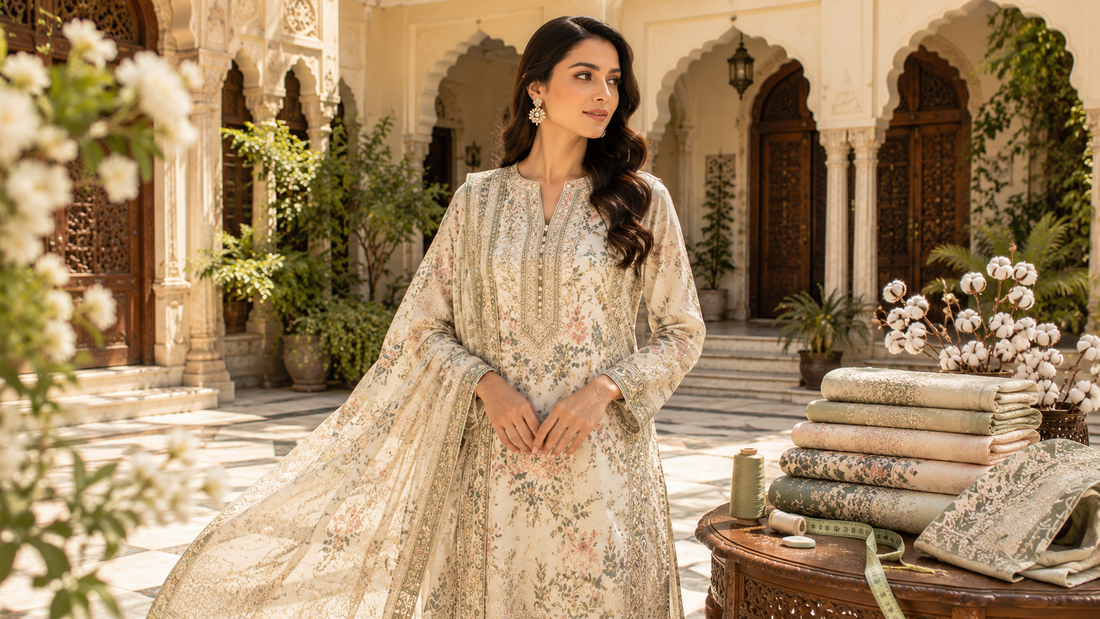Pakistani woman wearing a luxury 3 piece stitched lawn suit in a heritage courtyard showcasing premium lawn fabric and elegant summer fashion by Mirasl.