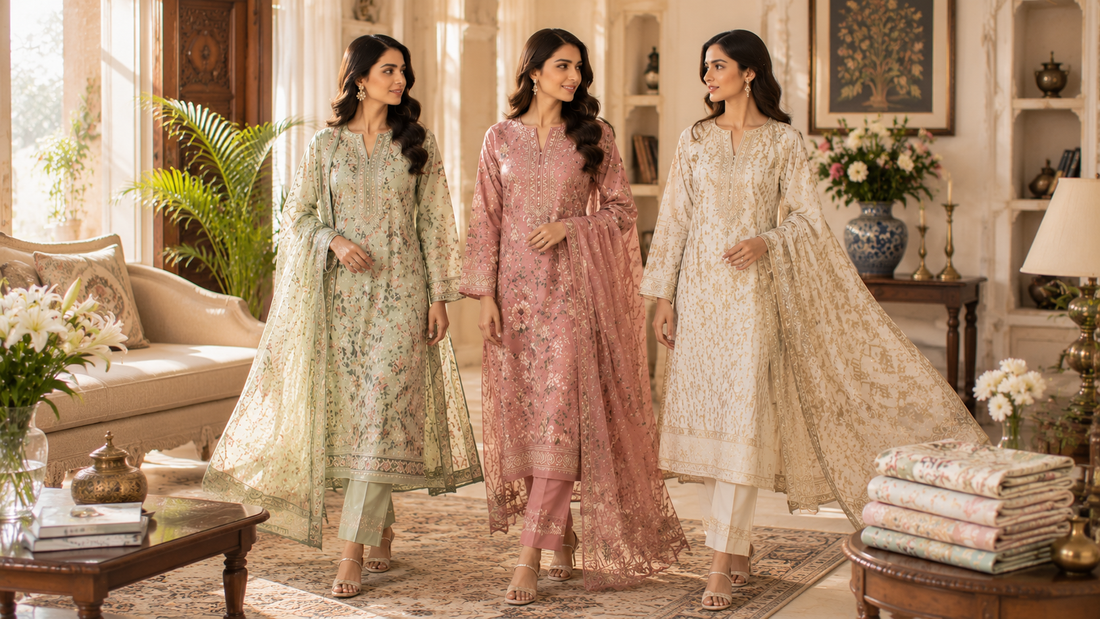 Three Pakistani women wearing premium 3 piece stitched lawn suits in trending 2026 colours and prints walking through a luxury heritage courtyard.