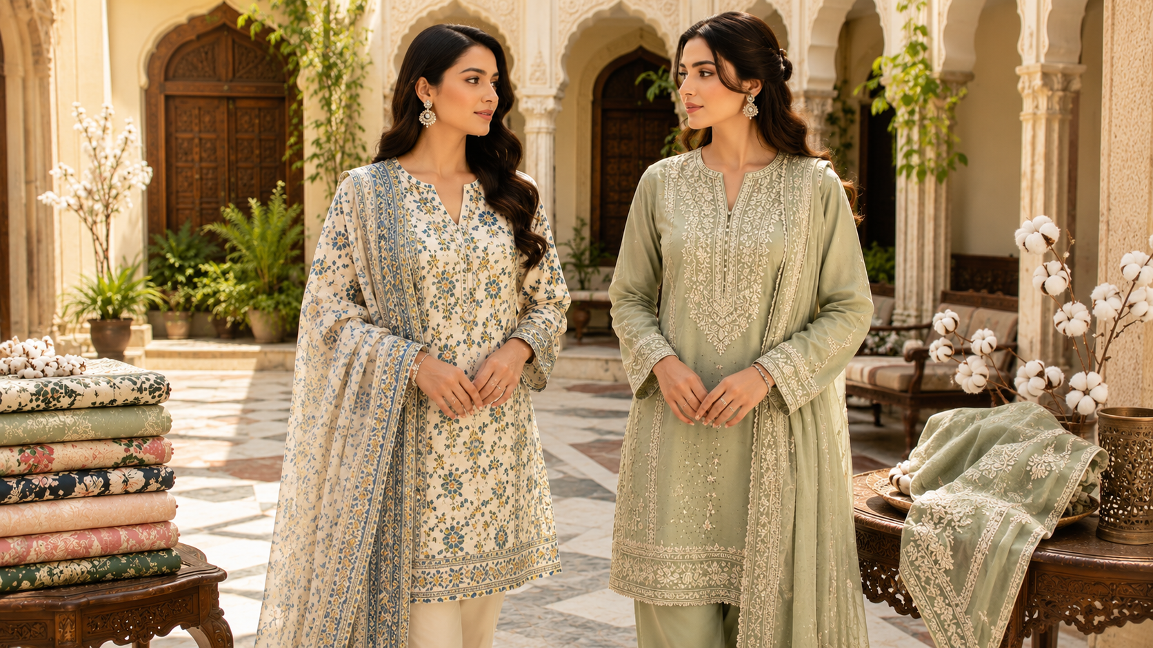 Pakistani women wearing printed and embroidered three-piece stitched lawn suits by Mirasl in a heritage courtyard.