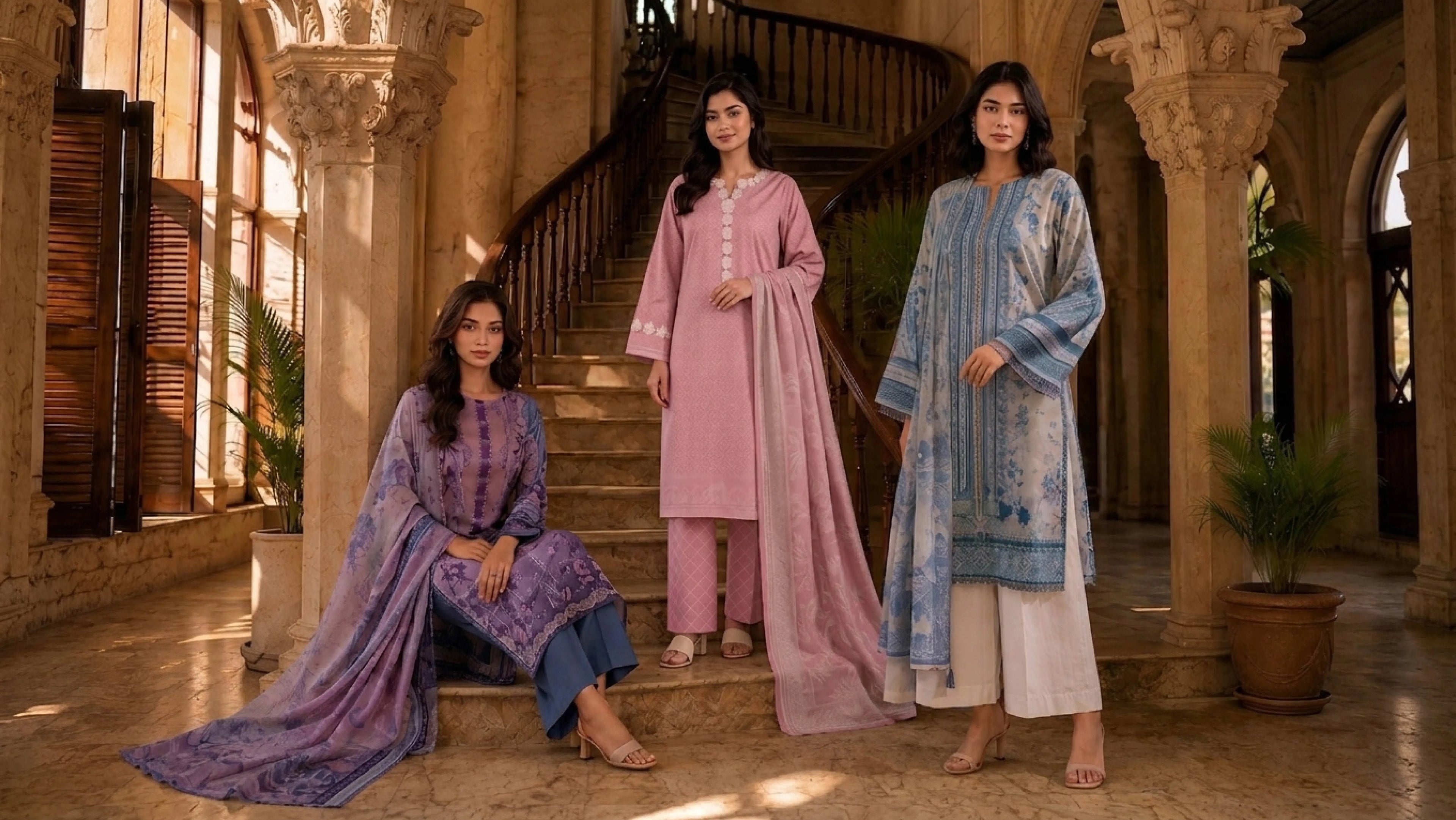 Three models showcasing Mirasl 3 piece stitched printed lawn suits with elegant dupattas, designed for Pakistani women’s ready-to-wear fashion, festive gatherings, and graceful everyday style.