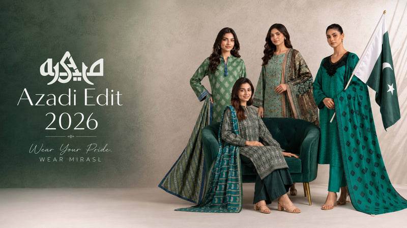 Mirasl Azadi Edit 14 August 2026 collection banner showcasing 3-piece stitched printed lawn suits and co-ord sets for women with Pakistani flag.