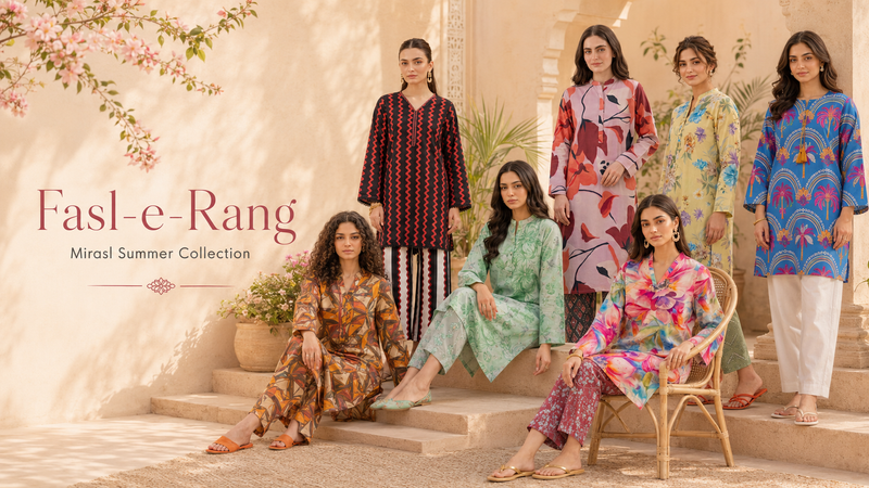 Mirasl Fasl-e-Rang Summer Collection featuring colorful 2 piece stitched co-ord sets for women, designed with printed kurtis and matching trousers in fresh ready-to-wear Pakistani summer styles.