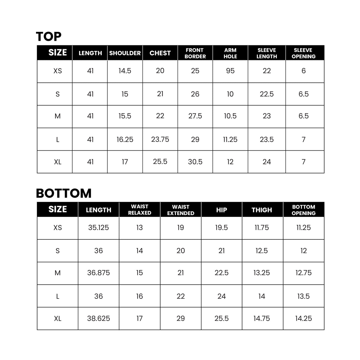 Mirasl suit size guide