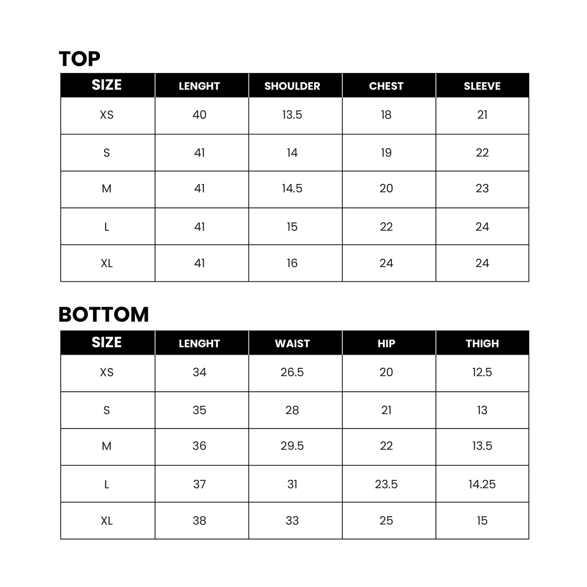 Mirasl suit size guide