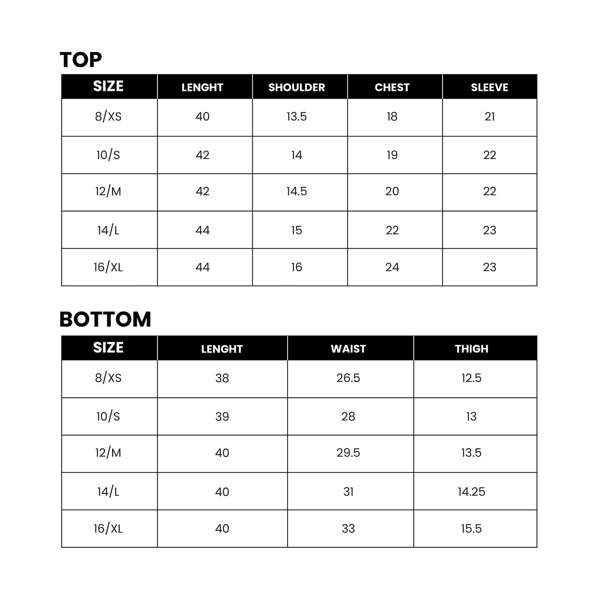 Mirasl suit size guide