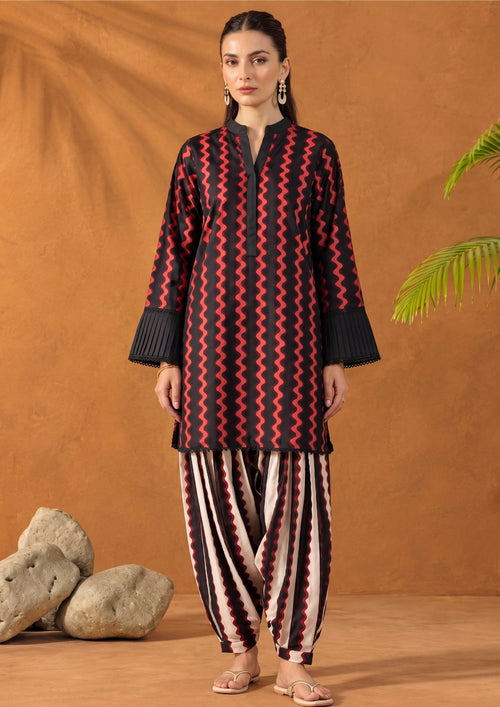 Crimson Ripple 2 piece stitched lawn co-ord set with black and red wave print shirt and printed shalwar, front view by Mirasl