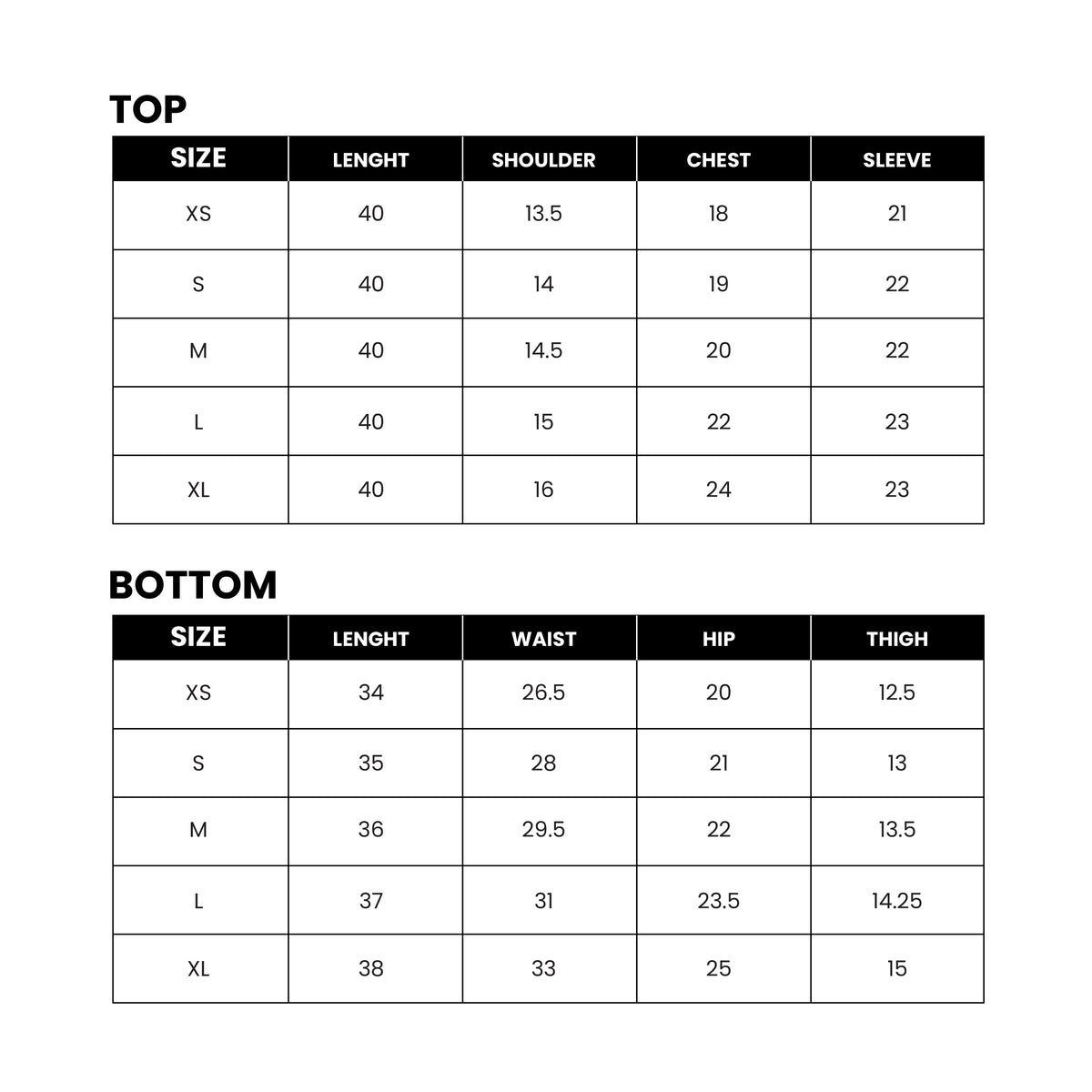 Mirasl suit size guide
