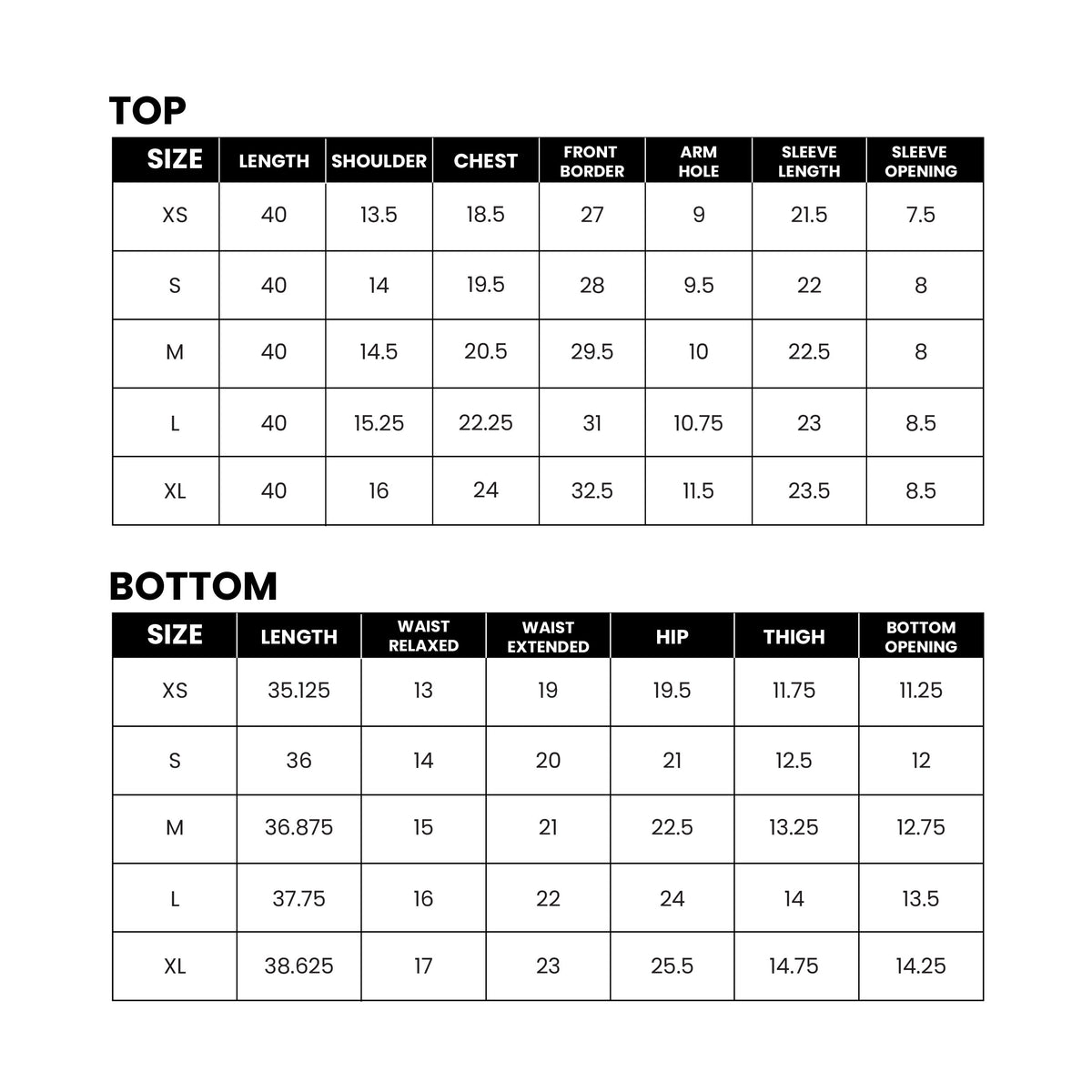 Mirasl suit size guide