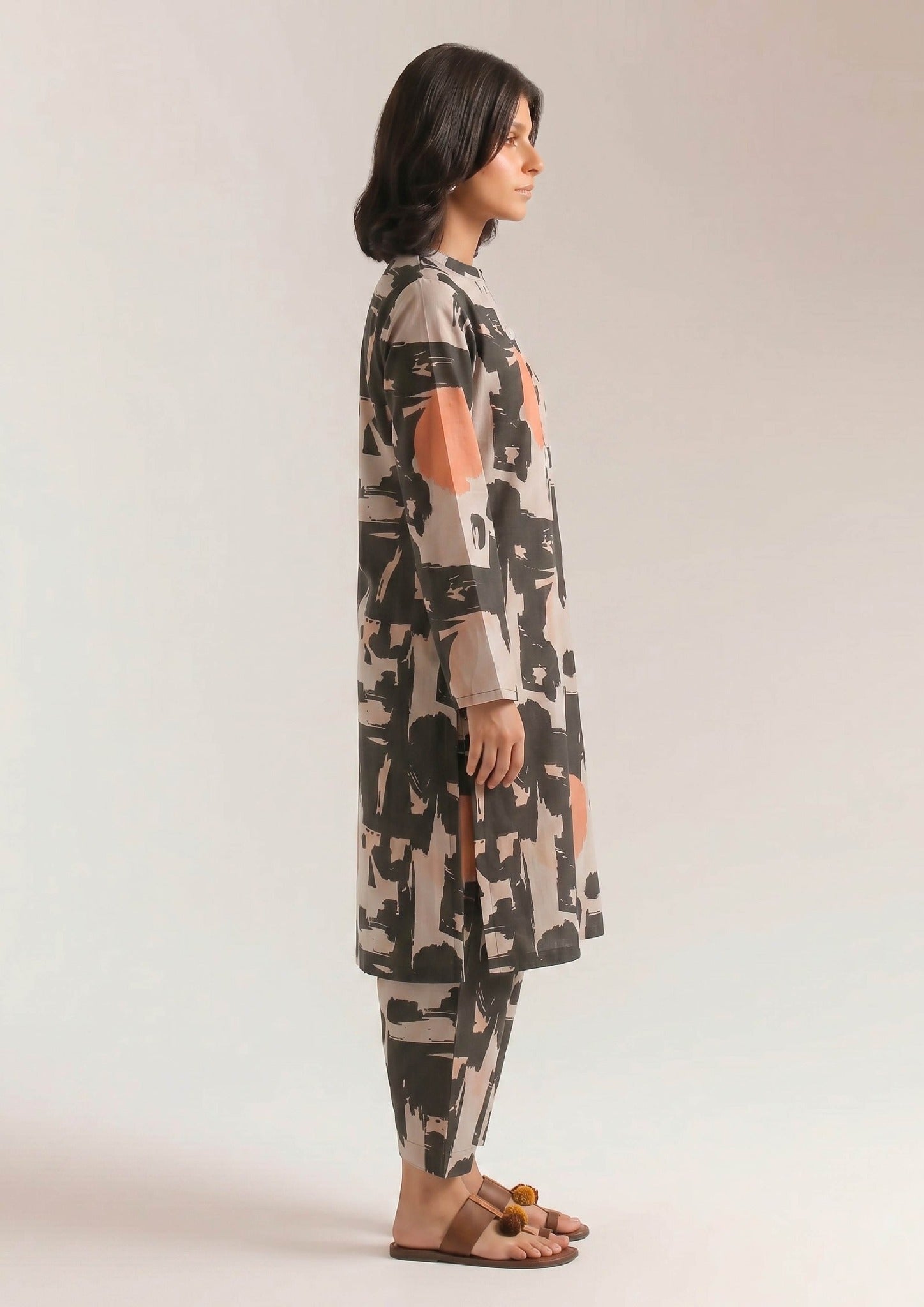 Urban Brushstroke printed lawn coord set seated studio view