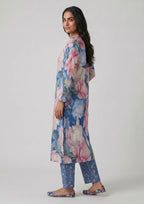 Close up of Sapphire Petals printed lawn co-ord set by Mirasl with pastel floral print and clean slit neckline.