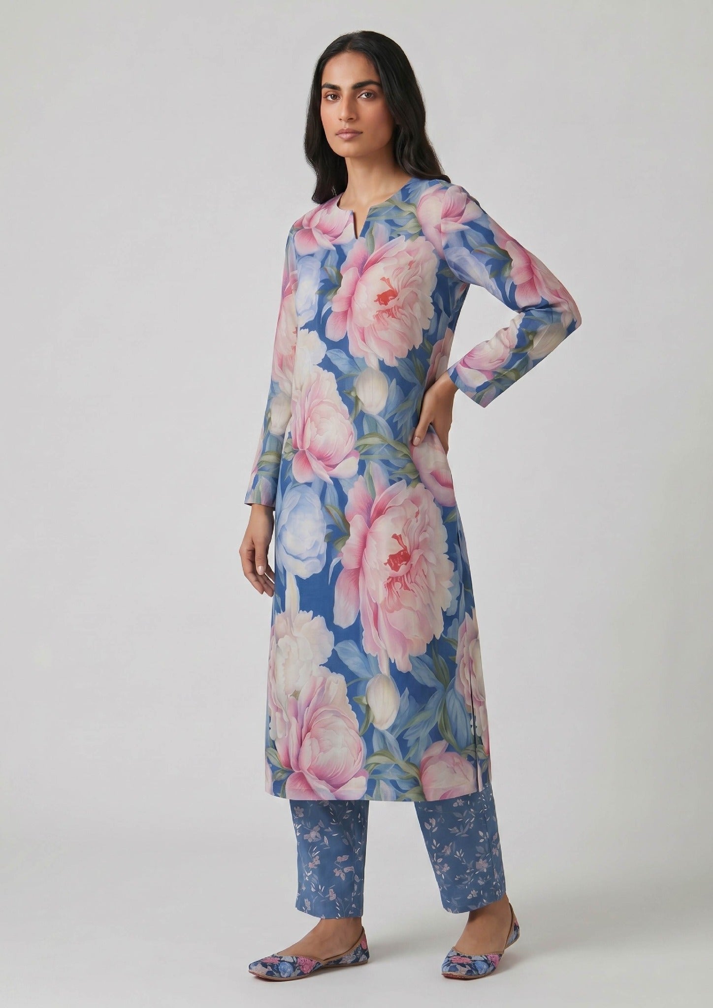Side view of Sapphire Petals printed lawn co-ord set showing the relaxed straight fit, pastel floral print, side slits, and matching printed trouser.