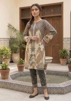 Back view of Sable Tropics printed lawn co ord set with palm motifs, ornamental borders, relaxed straight fit, and matching printed trouser.