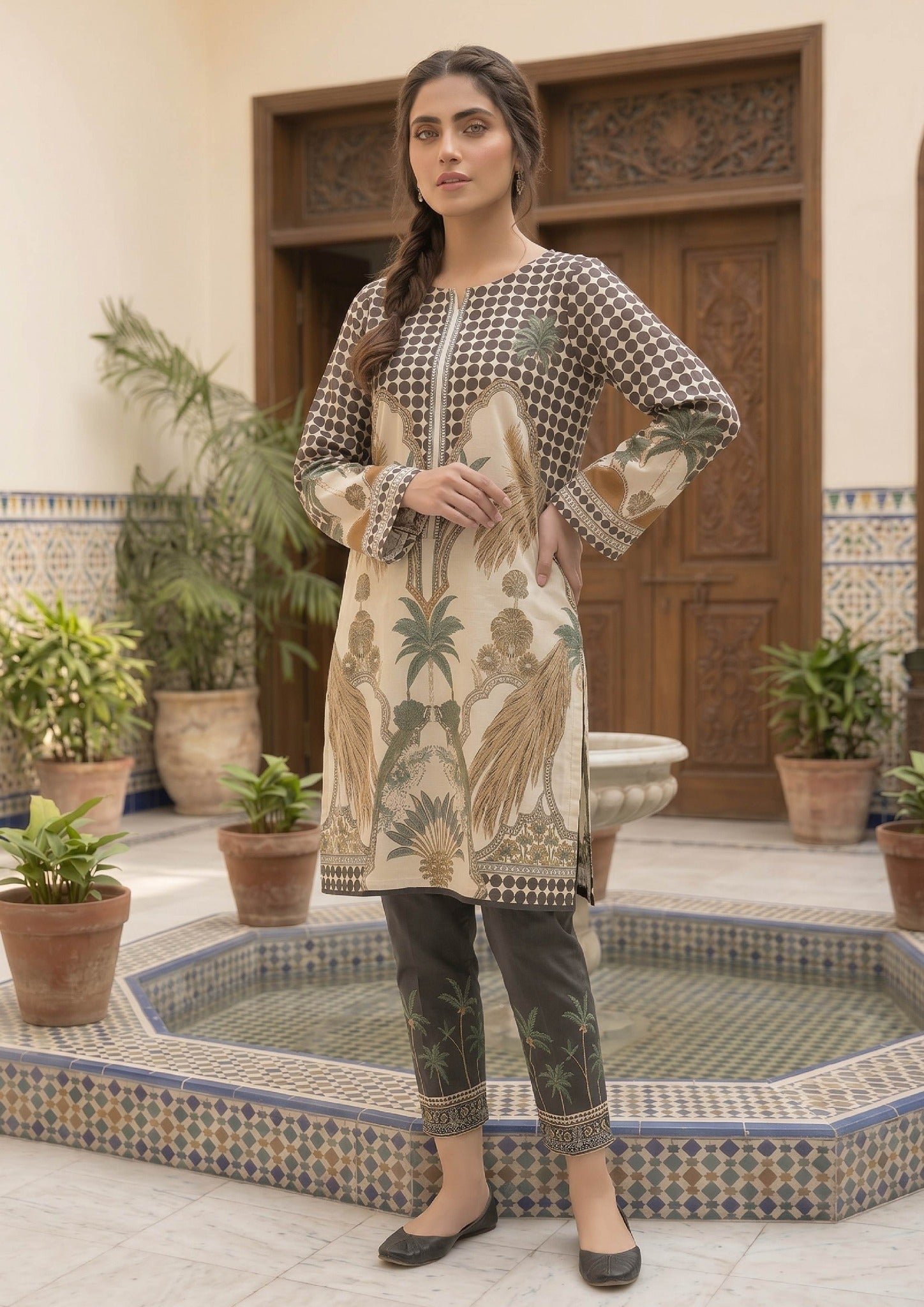 Back view of Sable Tropics printed lawn co ord set with palm motifs, ornamental borders, relaxed straight fit, and matching printed trouser.