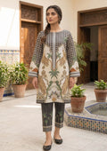 Sable Tropics by Mirasl, an ivory and sable black 2 piece printed lawn co-ord set with tropical palm motifs, matching trouser, and breathable summer lawn fabric.