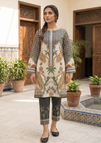 Sable Tropics by Mirasl, an ivory and sable black 2 piece printed lawn co-ord set with tropical palm motifs, matching trouser, and breathable summer lawn fabric.