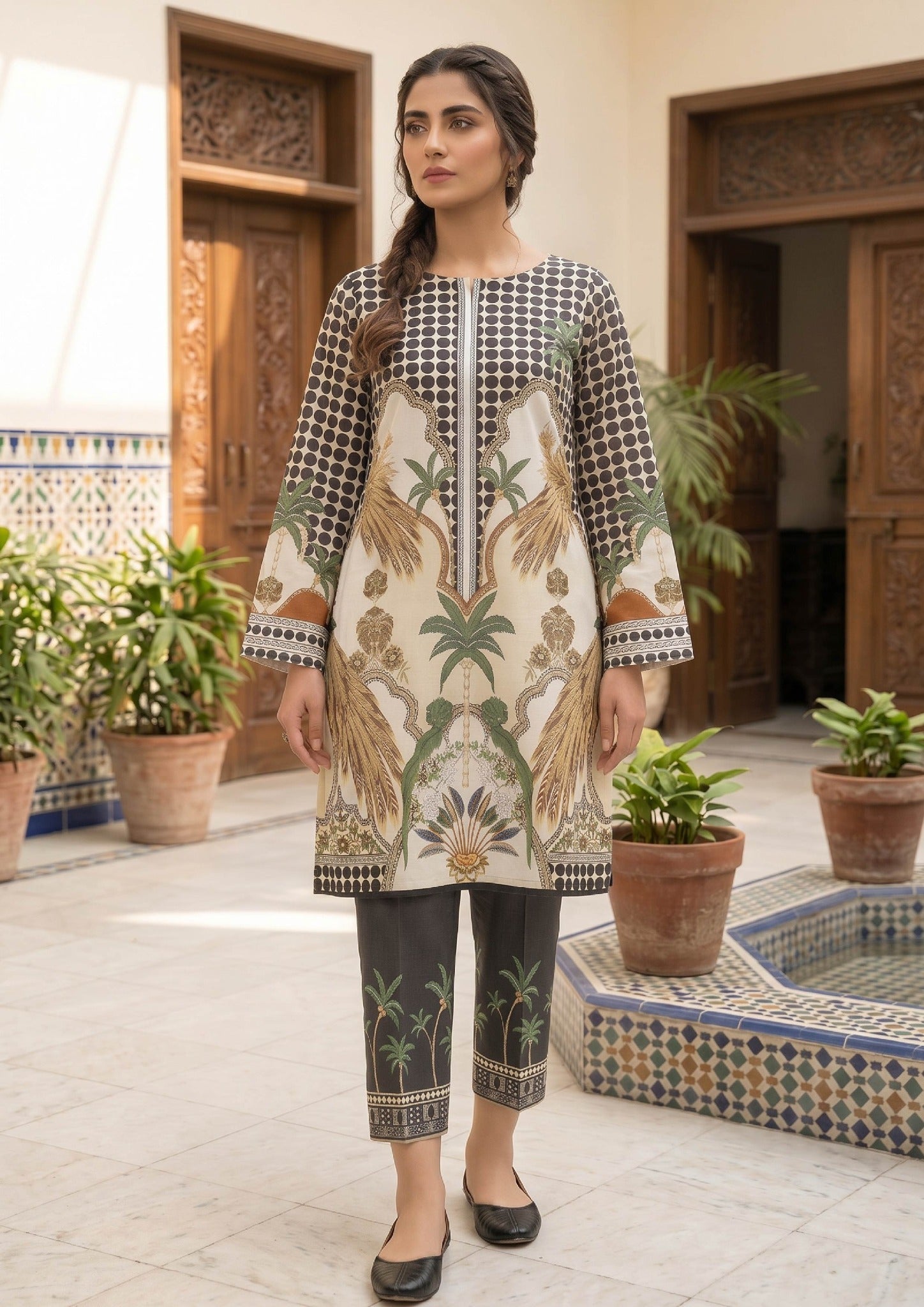 Sable Tropics by Mirasl, an ivory and sable black 2 piece printed lawn co-ord set with tropical palm motifs, matching trouser, and breathable summer lawn fabric.