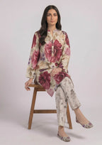 Front view of Ruby Petal 2 piece printed lawn co-ord set by Mirasl featuring a cream floral knee-level shirt, full sleeves, buttoned slit neckline, and printed trouser.