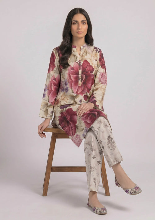 Front view of Ruby Petal 2 piece printed lawn co-ord set by Mirasl featuring a cream floral knee-level shirt, full sleeves, buttoned slit neckline, and printed trouser.