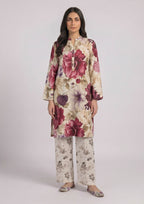 Ruby Petal by Mirasl, a cream and ruby floral 2 piece printed lawn co-ord set with knee-level shirt, matching trouser, and breathable summer lawn fabric.
