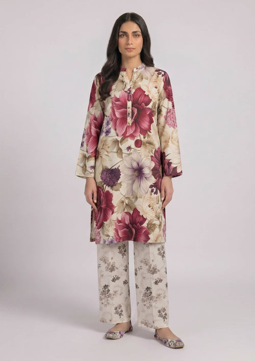 Ruby Petal by Mirasl, a cream and ruby floral 2 piece printed lawn co-ord set with knee-level shirt, matching trouser, and breathable summer lawn fabric.