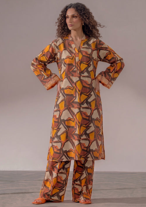 Retro Rust by Mirasl, a rust orange 2 piece printed lawn co-ord set with abstract geometric print, wide trouser, and breathable summer lawn fabric.