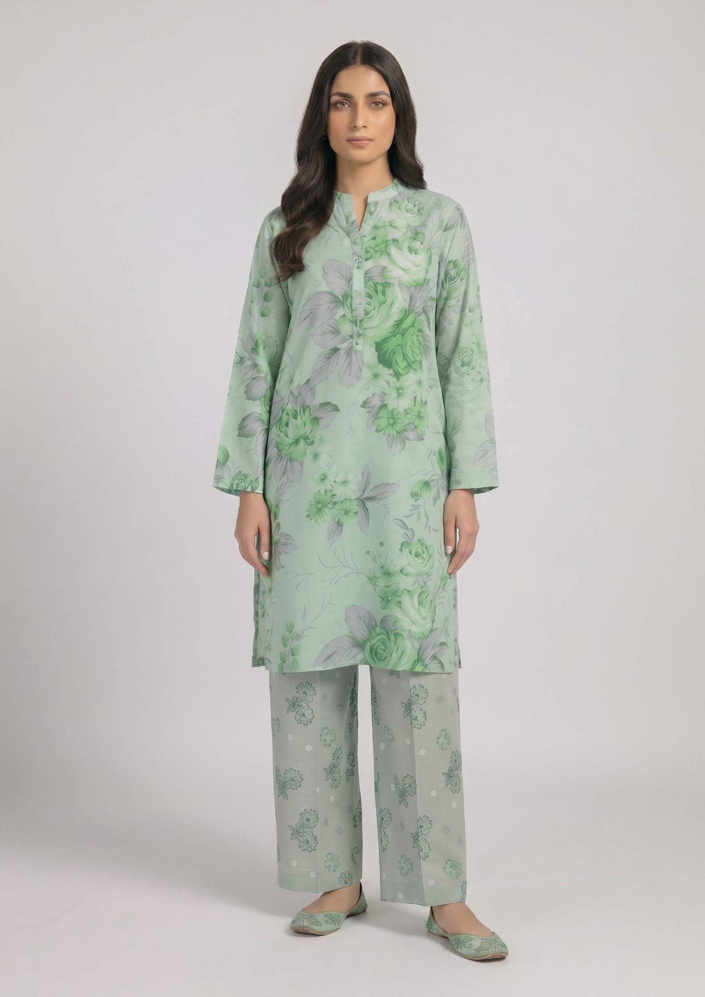 Mint Meadow by Mirasl, a mint green 2 piece printed lawn co-ord set with soft floral shirt, matching trouser, and breathable summer lawn fabric.