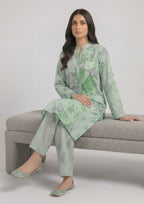 Side view of Mint Meadow printed lawn co-ord set showing the relaxed straight fit, soft green floral print, side slits, and matching straight trouser.