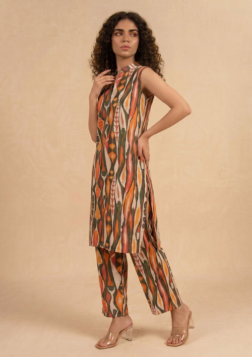 Linear Illusion by Mirasl, an earthy 2 piece printed lawn co-ord set with vertical abstract print, matching trouser, and breathable summer lawn fabric.