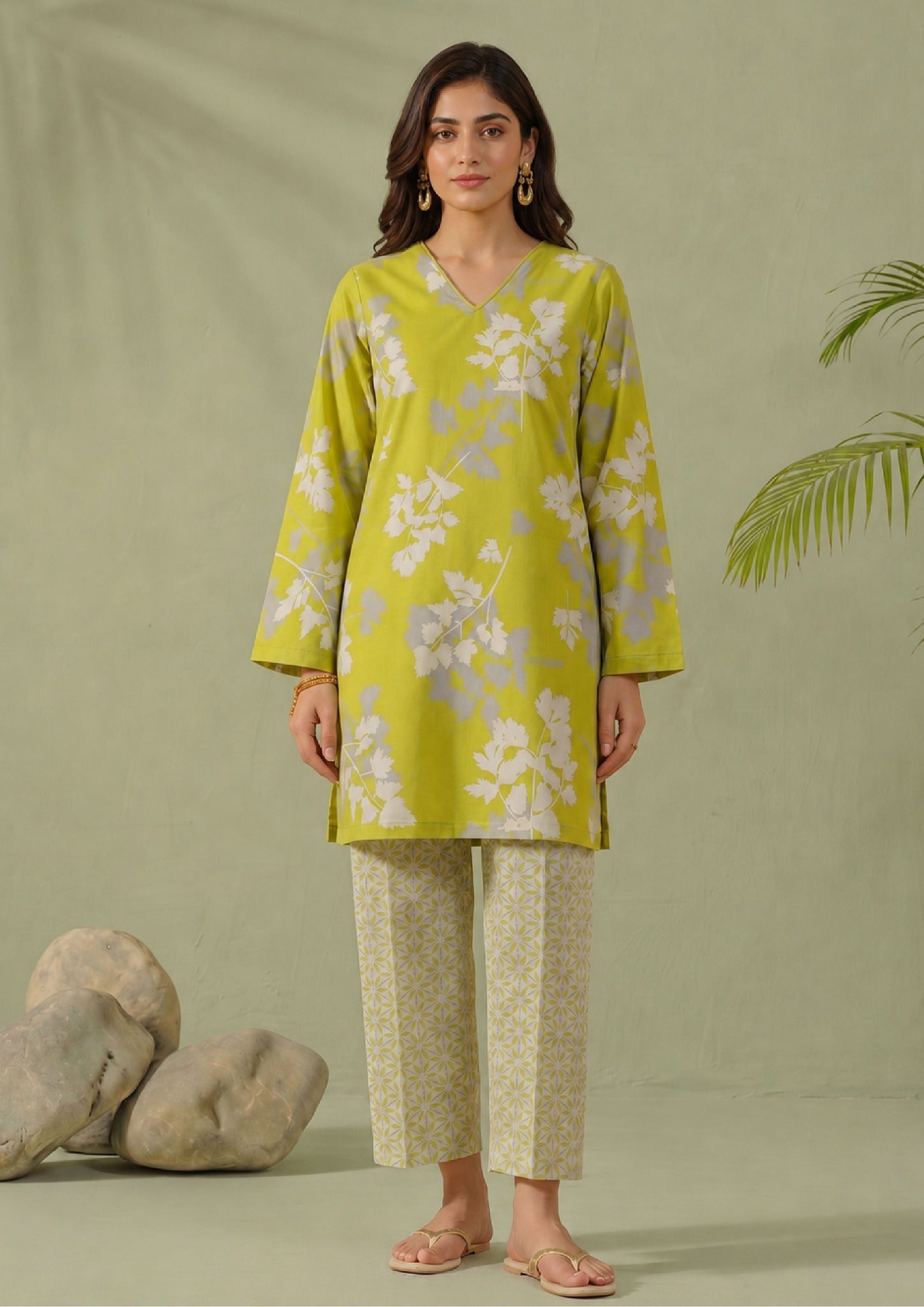 Front view of Lime Lattice 2 piece printed lawn co-ord set by Mirasl featuring a knee-level shirt, V-style neckline, full sleeves, and printed trouser.