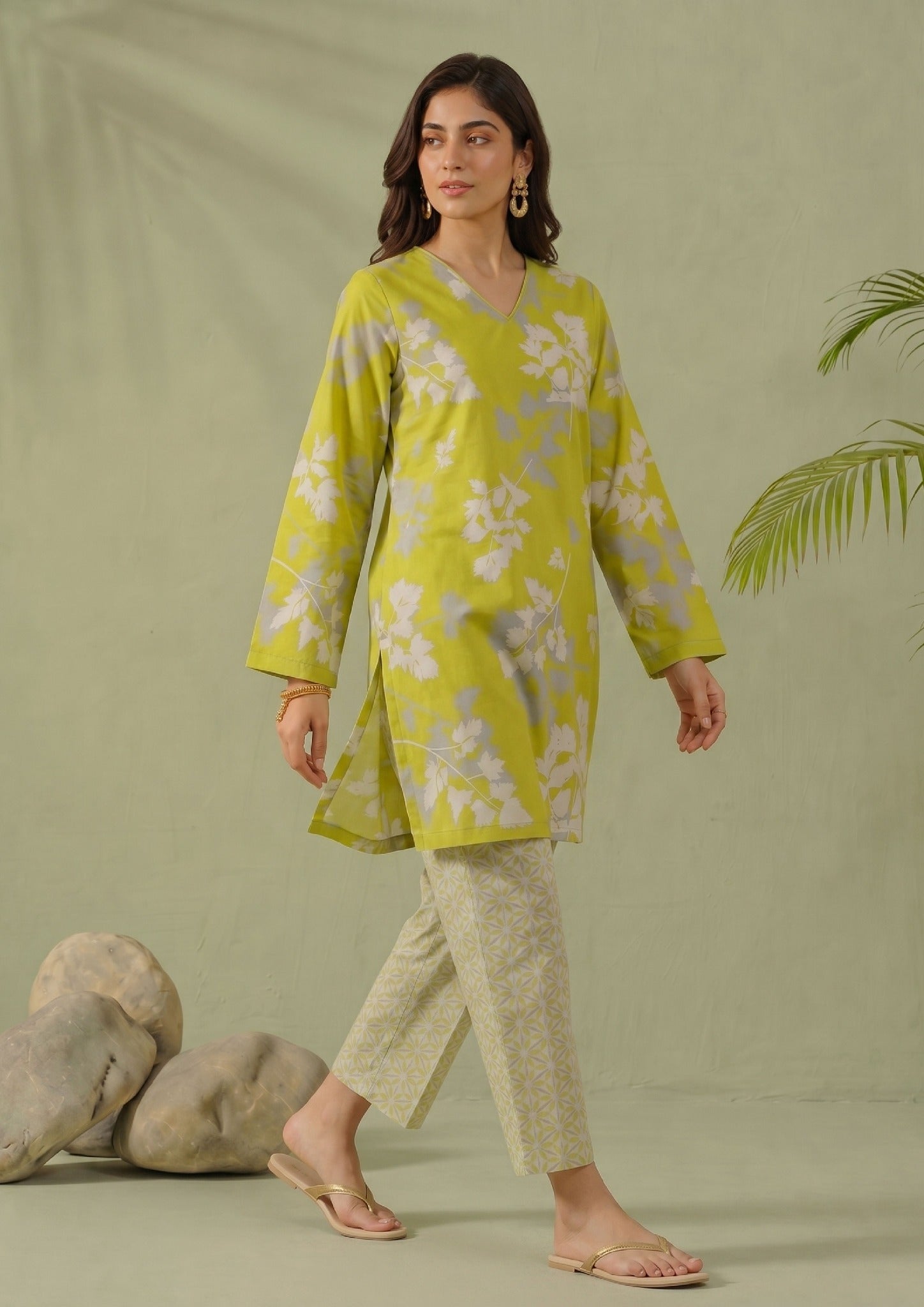 Lime Lattice by Mirasl, a lime green 2 piece printed lawn co-ord set with white floral shirt, lattice trouser, and breathable summer lawn fabric.