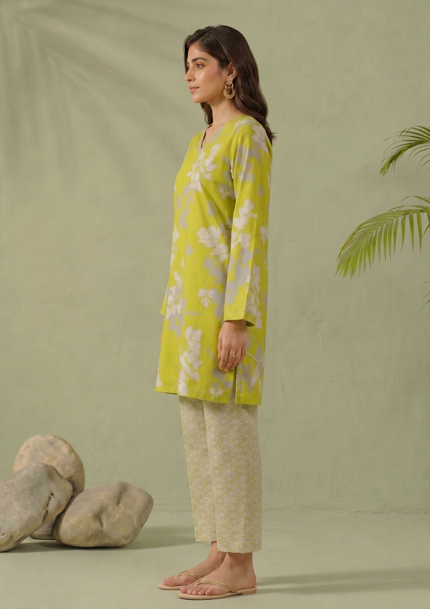 Side view of Lime Lattice printed lawn co-ord set showing the relaxed straight fit, side slits, white floral print, and coordinated trouser.