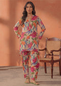 Ivory Blossom by Mirasl, an ivory beige 2 piece printed lawn co-ord set with vibrant floral shirt, matching trouser, and breathable summer lawn fabric.
