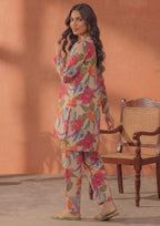 Side view of Ivory Blossom printed lawn co-ord set showing the relaxed straight fit, colorful floral print, side slits, and matching straight trouser.