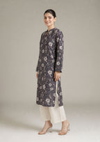 Back view of Evening Meadow by Mirasl featuring a charcoal grey printed lawn shirt with ivory floral motifs, full sleeves, and side slits.