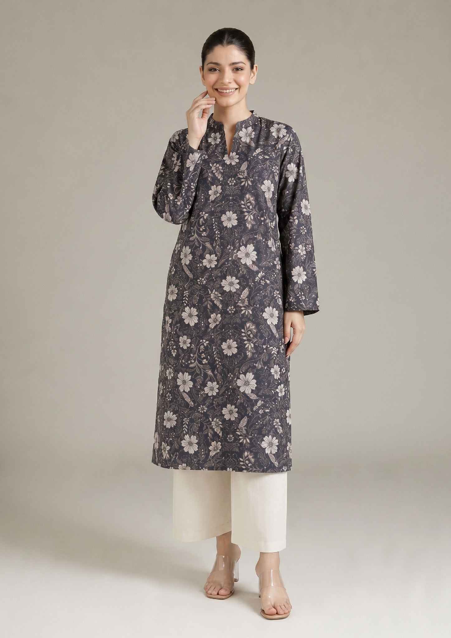 Evening Meadow by Mirasl, a charcoal grey 2 piece printed lawn co-ord set with ivory floral shirt, off-white trouser, and breathable summer lawn fabric.