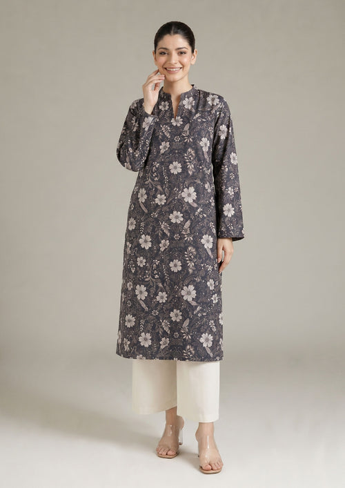 Evening Meadow by Mirasl, a charcoal grey 2 piece printed lawn co-ord set with ivory floral shirt, off-white trouser, and breathable summer lawn fabric.