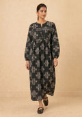 Ebony Crossroad by Mirasl, an ebony black 2 piece printed lawn co-ord set with off-white cross motifs, tassel neckline, relaxed flowy fit, and breathable summer fabric.