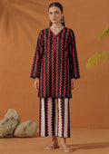 Crimson Ripple by Mirasl, a black and crimson red 2 piece printed lawn co-ord set with ripple motifs, knee-level straight shirt, lace finishing, and breathable summer fabric.