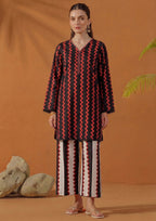 Crimson Ripple by Mirasl, a black and crimson red 2 piece printed lawn co-ord set with ripple motifs, knee-level straight shirt, lace finishing, and breathable summer fabric.