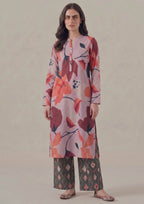 Front view of Crimson Ikat 2 piece printed lawn co-ord set by Mirasl featuring a lilac pink shirt with crimson floral print, band collar, front placket, and charcoal ikat printed trouser.