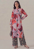 Crimson Ikat by Mirasl, a lilac pink and crimson red 2 piece printed lawn co-ord set with bold floral shirt, ikat printed trouser, straight fit, and breathable summer fabric.
