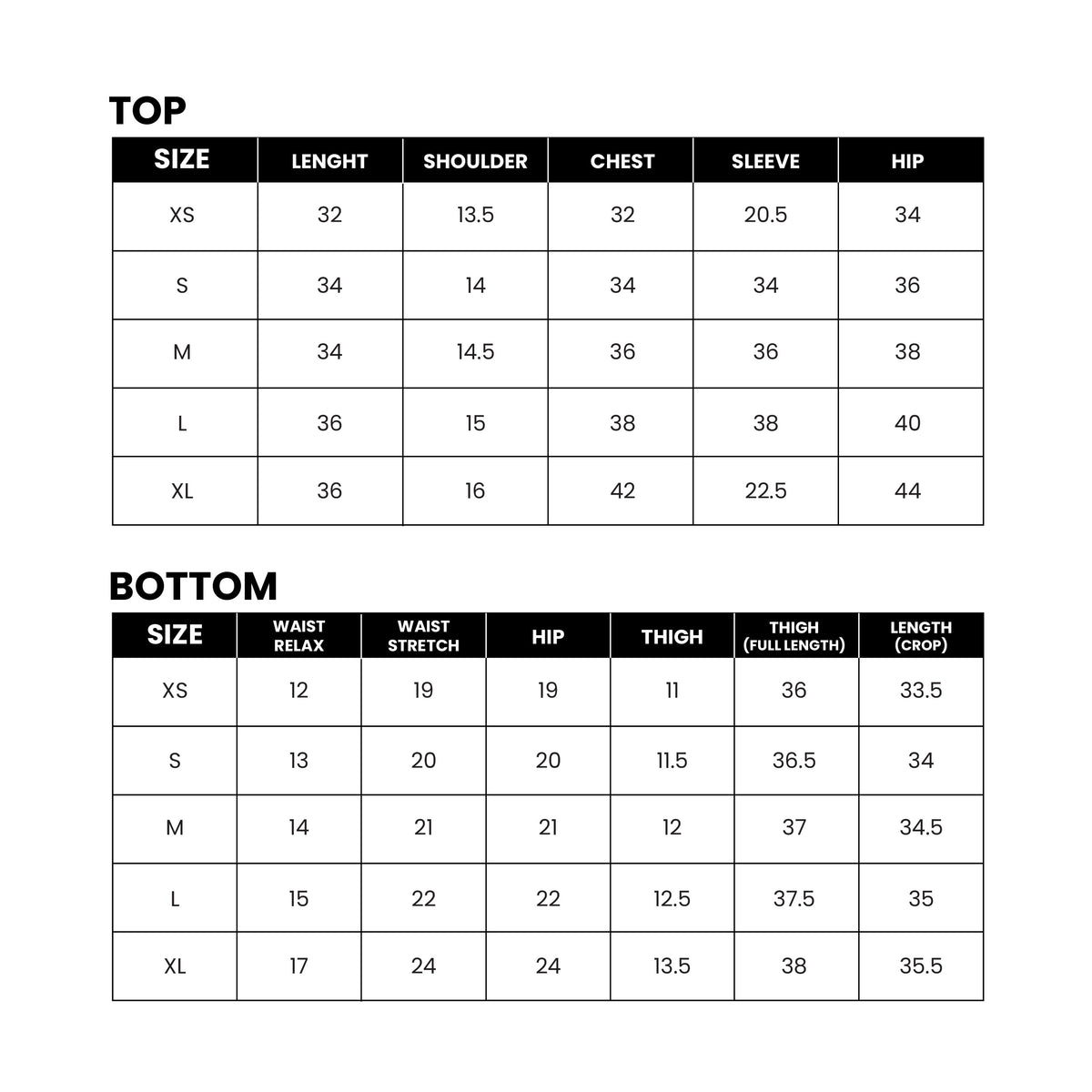 Mirasl suit size guide