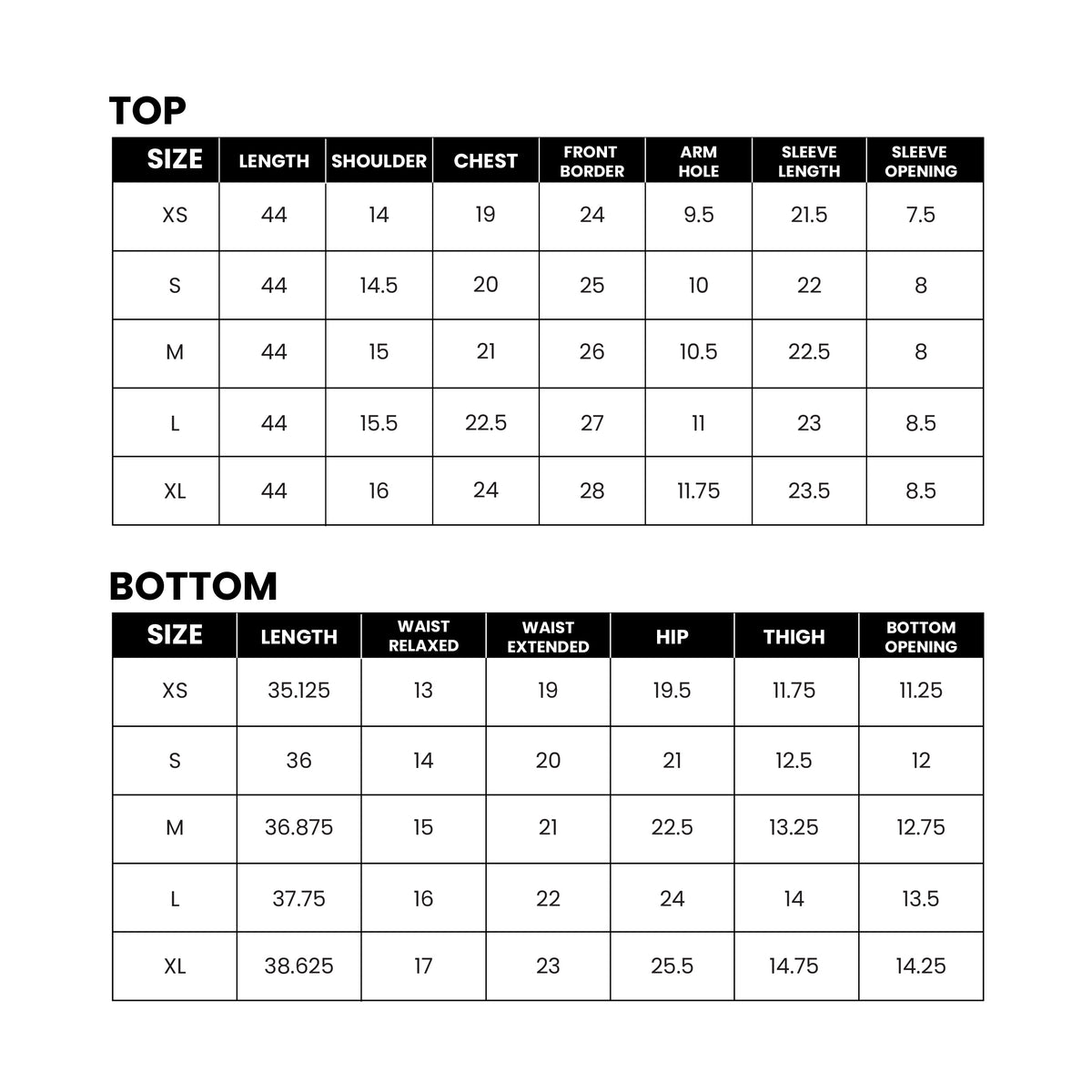 Mirasl suit size guide
