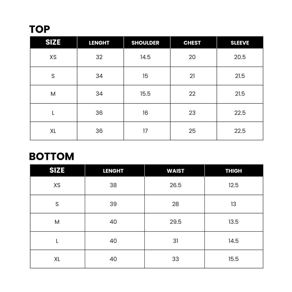 Mirasl suit size guide