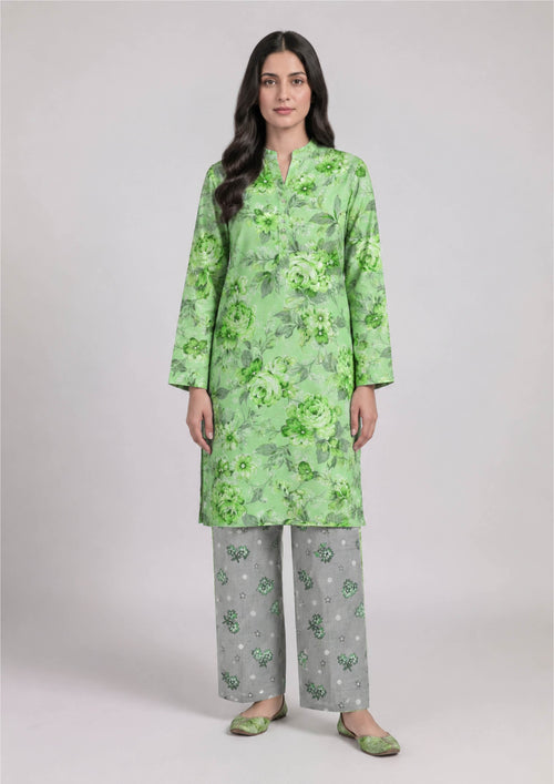 Mint Meadow 2 piece stitched lawn suit with mint green floral shirt and grey printed wide-leg trousers, front view by Mirasl