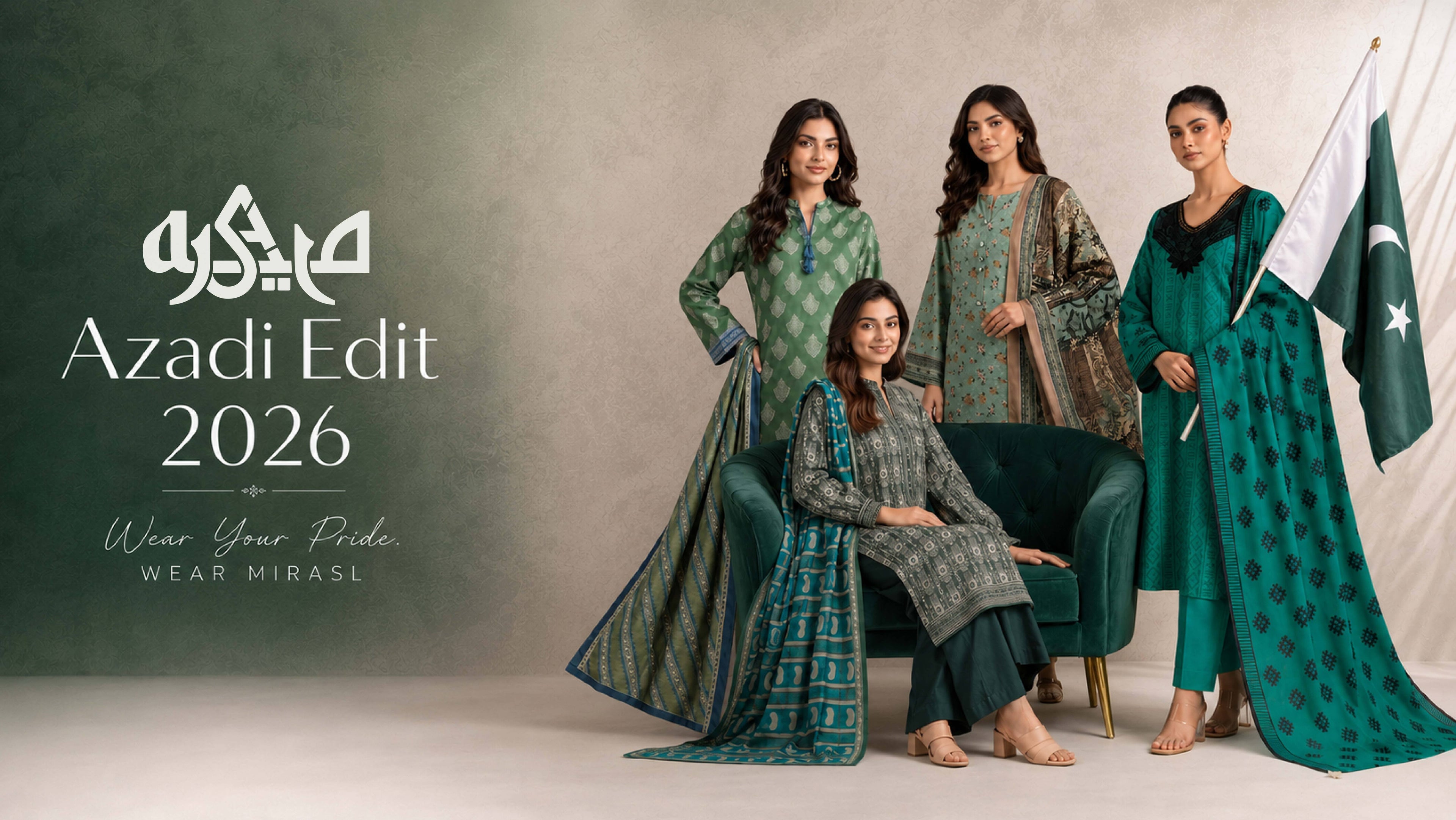 Mirasl Azadi Edit 14 August 2026 collection banner showcasing 3-piece stitched printed lawn suits and co-ord sets for women with Pakistani flag.