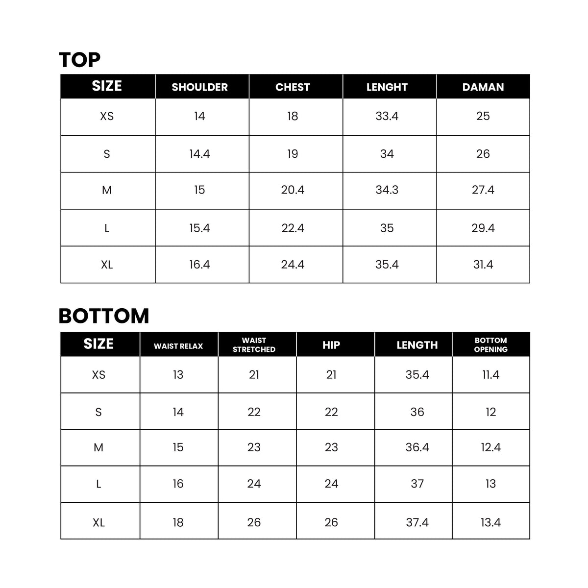 Mirasl suit size guide